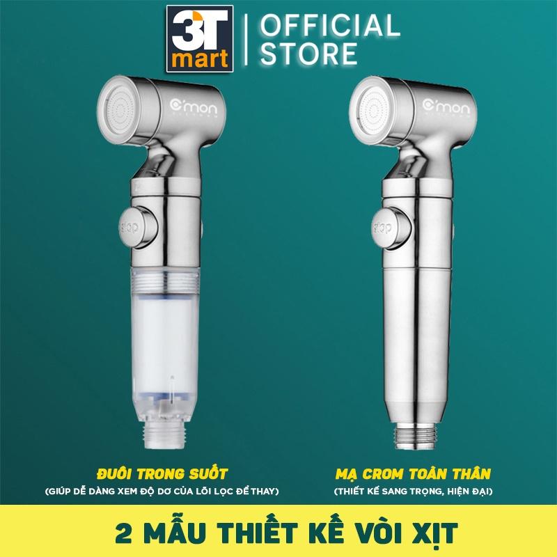 Hình ảnh minh họa ba loại vòi xịt toilet khác nhau: một bằng nhựa, một bằng inox, và một loại có chức năng tăng áp (nhấn mạnh phần đầu xịt).